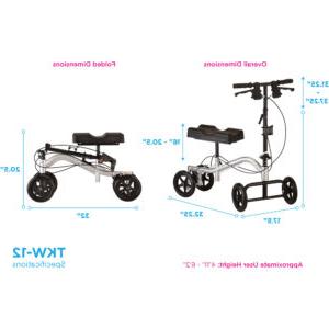 A graphic showing the overall and folded dimension of a knee walker.